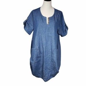 Minibee Large Ruffle Oversize Midi Cotton Blue Denim Dress w/ Pockets NWT